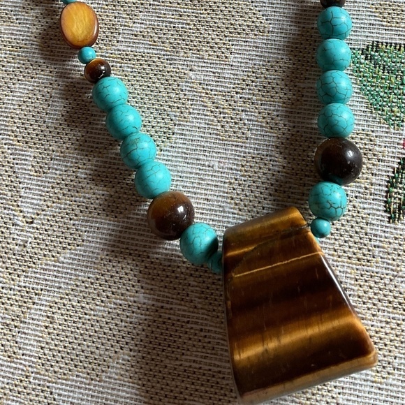 BLUE TURQUOISE TIGER EYE HAND MADE NECKLACE - Picture 7 of 11